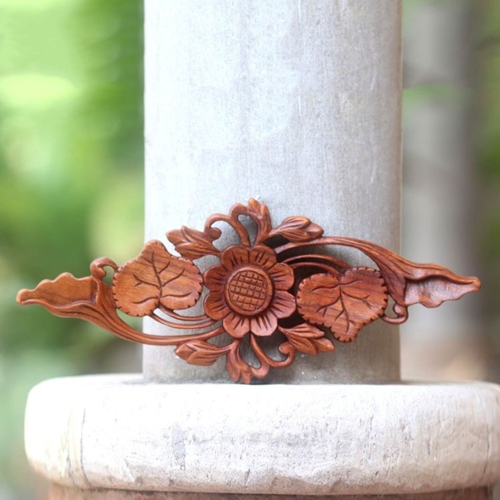 Lotus Blossom Hand Carved Wood Relief Panel from Bali 'Singular Lotus'