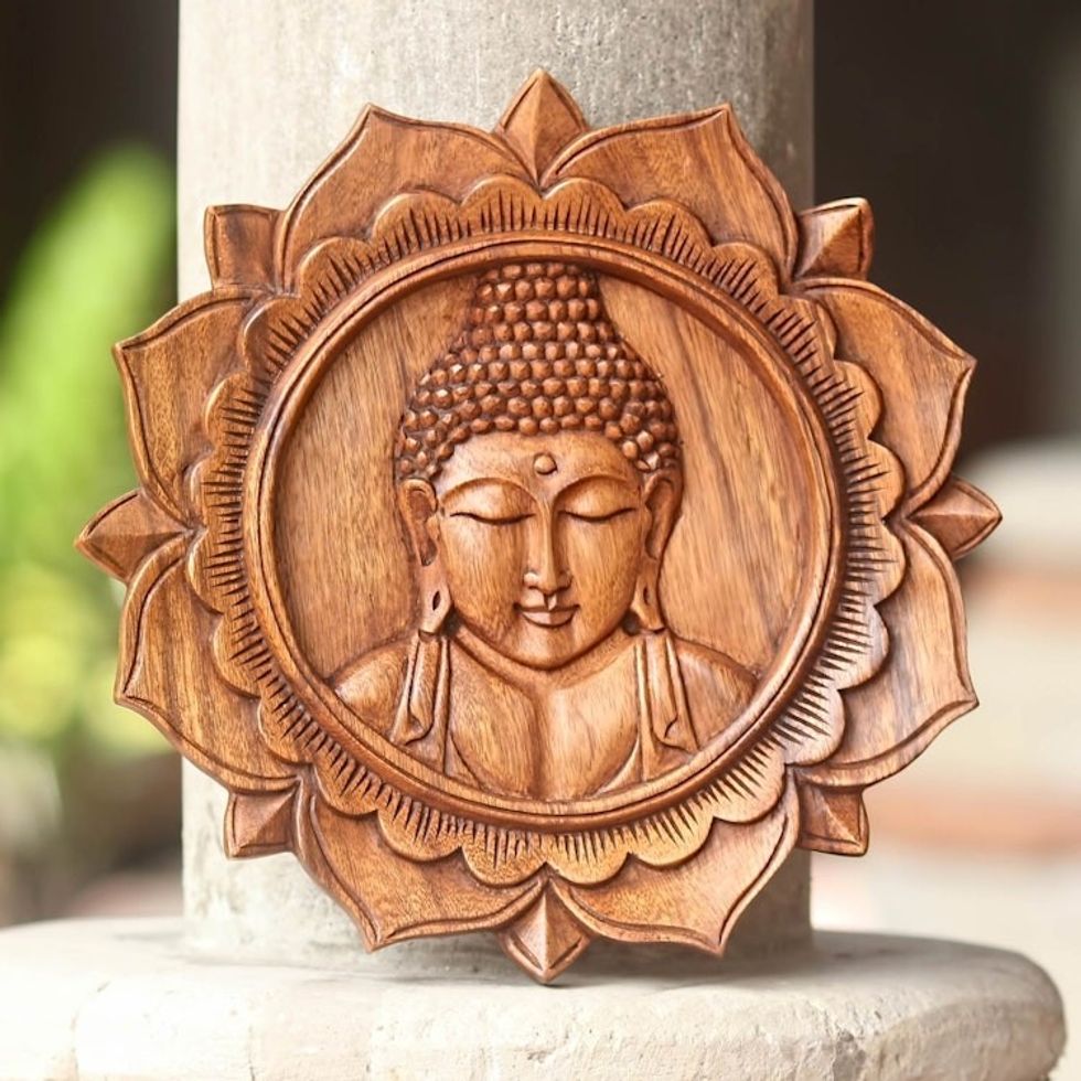 Balinese Hand Crafted Wood Buddha Relief Panel 'Lotus Buddha'