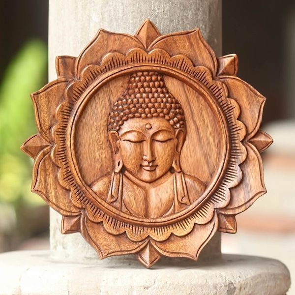 Alternate image for Balinese Hand Crafted Wood Buddha Relief Panel Lotus Buddha