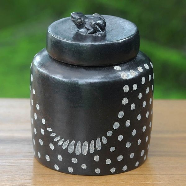 Alternate image for Indonesian Artisan Crafted Spotted Ceramic Jar with Lid Frog Song