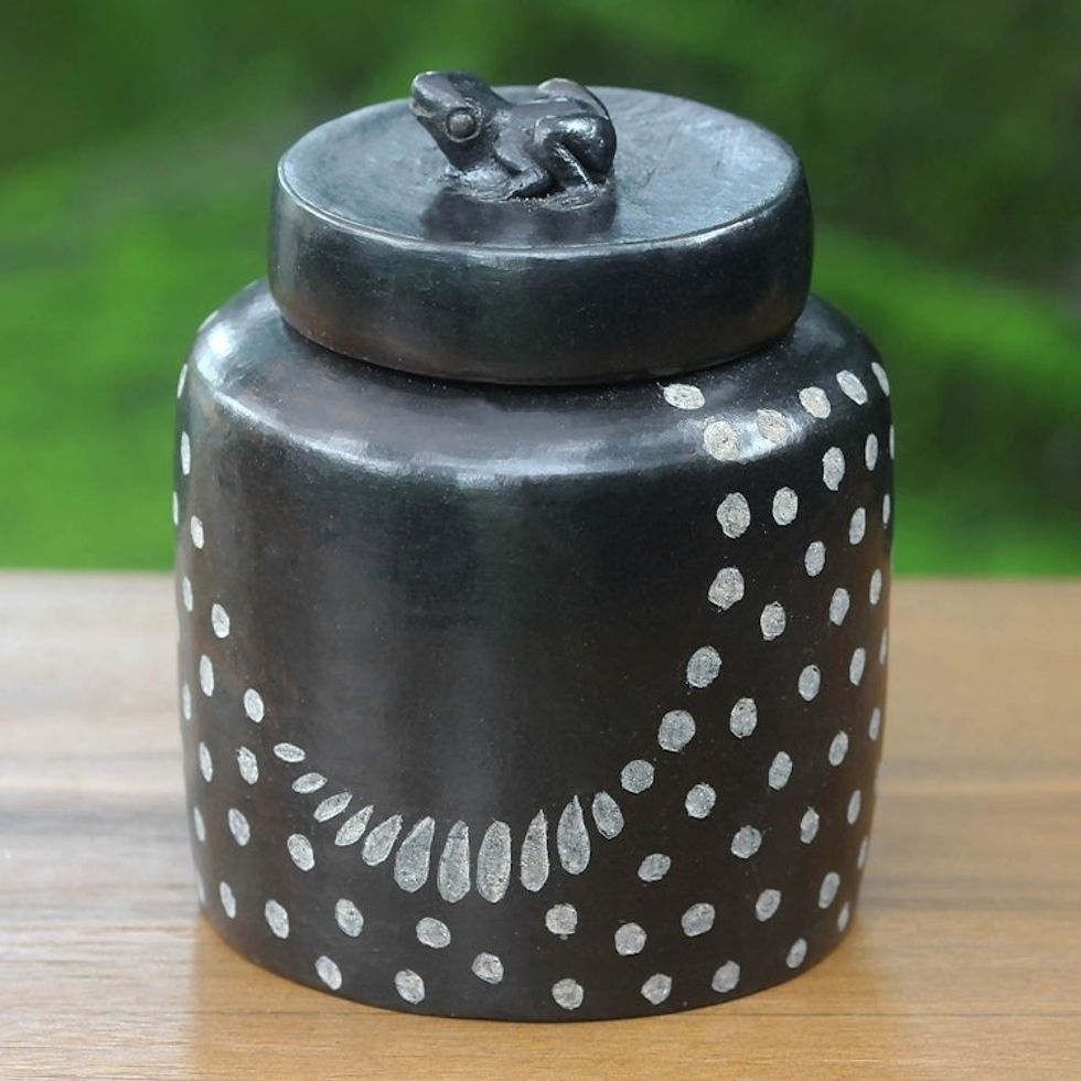 Indonesian Artisan Crafted Spotted Ceramic Jar with Lid 'Frog Song'