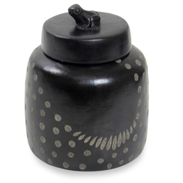 Alternate image for Indonesian Artisan Crafted Spotted Ceramic Jar with Lid Frog Song