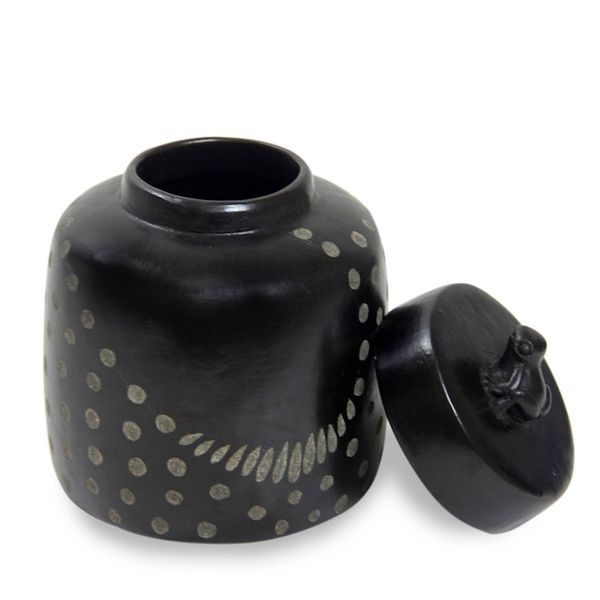 Alternate image for Indonesian Artisan Crafted Spotted Ceramic Jar with Lid Frog Song