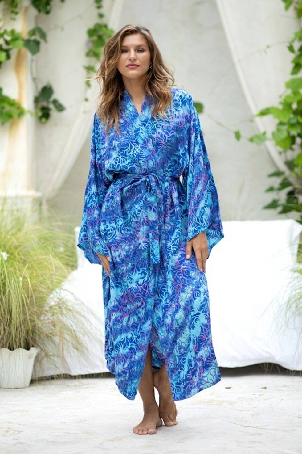 Handcrafted Batik Robe from Indonesia 'Ocean Symphony'