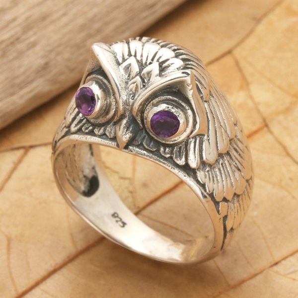 Alternate image for Sterling Silver Amethyst Owl Domed Ring from Indonesia Night Watcher in Purple