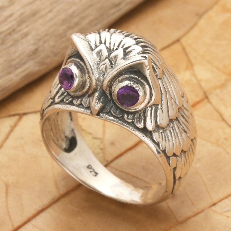 Sterling Silver Amethyst Owl Domed Ring from Indonesia 'Night Watcher in Purple'