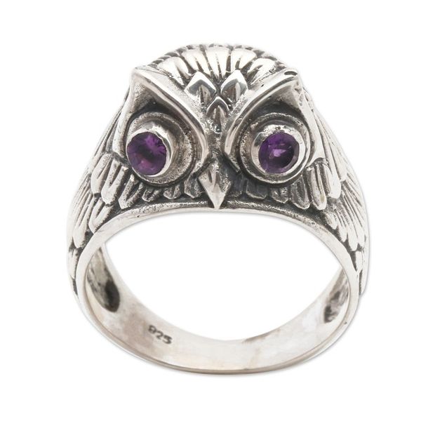 Alternate image for Sterling Silver Amethyst Owl Domed Ring from Indonesia Night Watcher in Purple