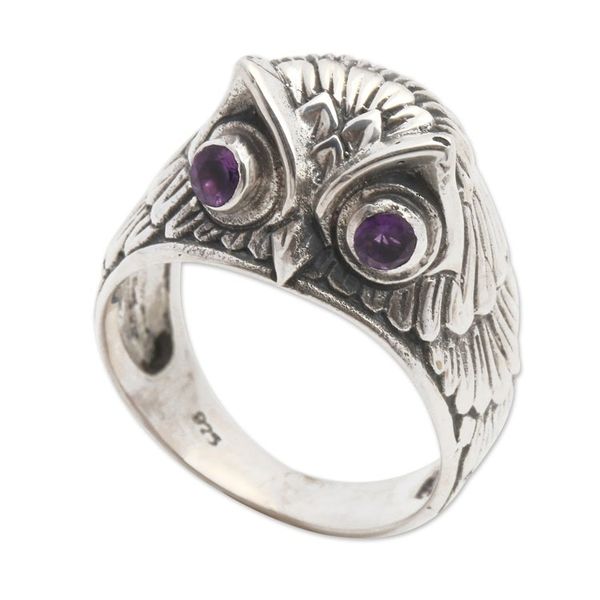 Alternate image for Sterling Silver Amethyst Owl Domed Ring from Indonesia Night Watcher in Purple
