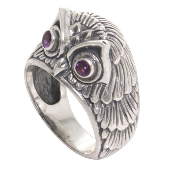 Alternate image for Sterling Silver Amethyst Owl Domed Ring from Indonesia Night Watcher in Purple