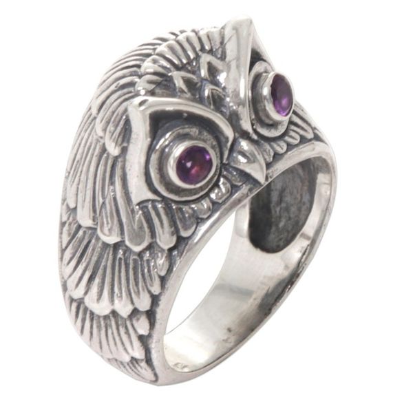 Alternate image for Sterling Silver Amethyst Owl Domed Ring from Indonesia Night Watcher in Purple