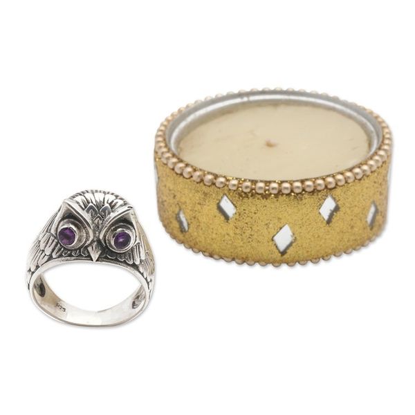 Alternate image for Sterling Silver Amethyst Owl Domed Ring from Indonesia Night Watcher in Purple
