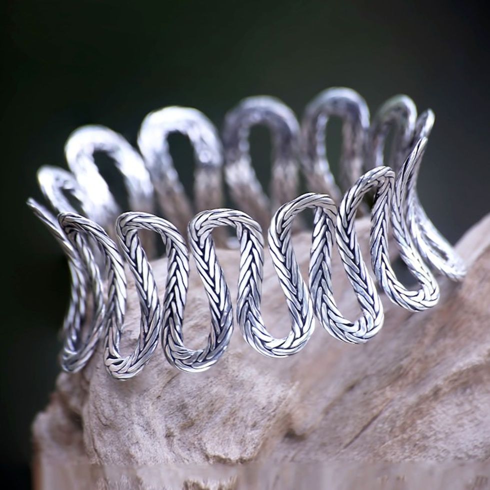 Unique Balinese Fair Trade Wide Silver Bangle 'The River'