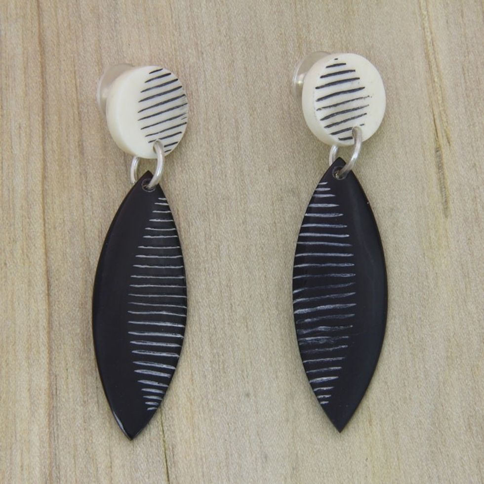Carved Bone and Horn Dangle Style Earrings from Bali 'Classic Comb'