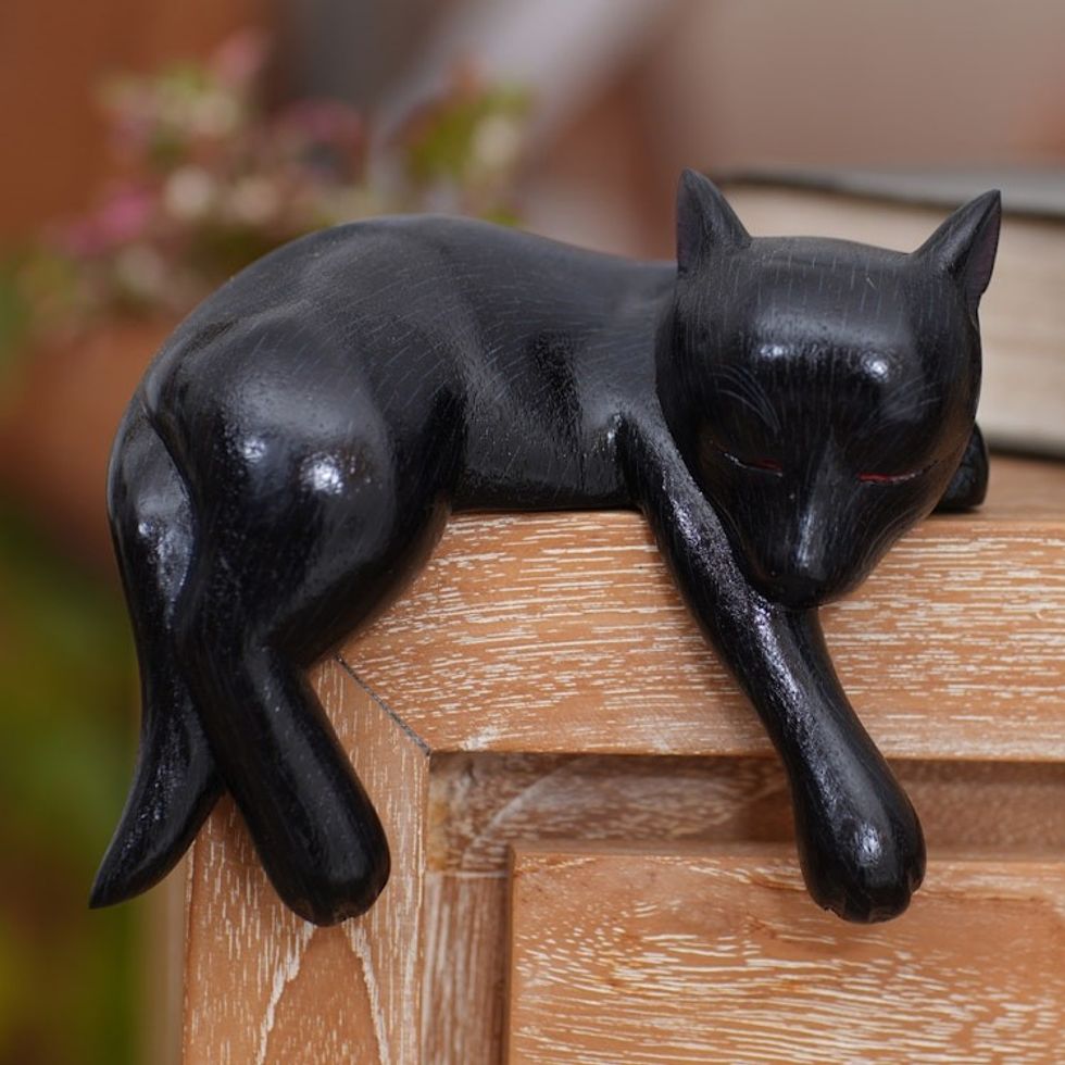 Black Wood Sleeping Dog Statuette from Suar Wood 'Kintamani Dog'