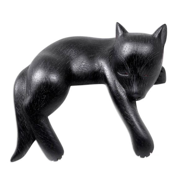 Alternate image for Black Wood Sleeping Dog Statuette from Suar Wood Kintamani Dog