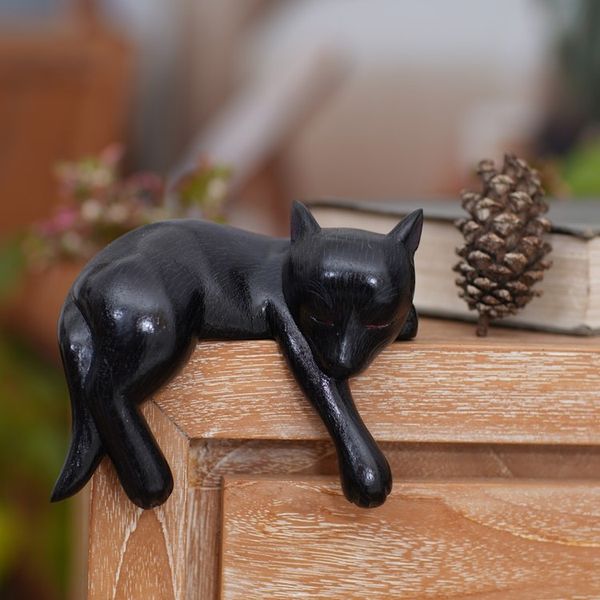 Alternate image for Black Wood Sleeping Dog Statuette from Suar Wood Kintamani Dog