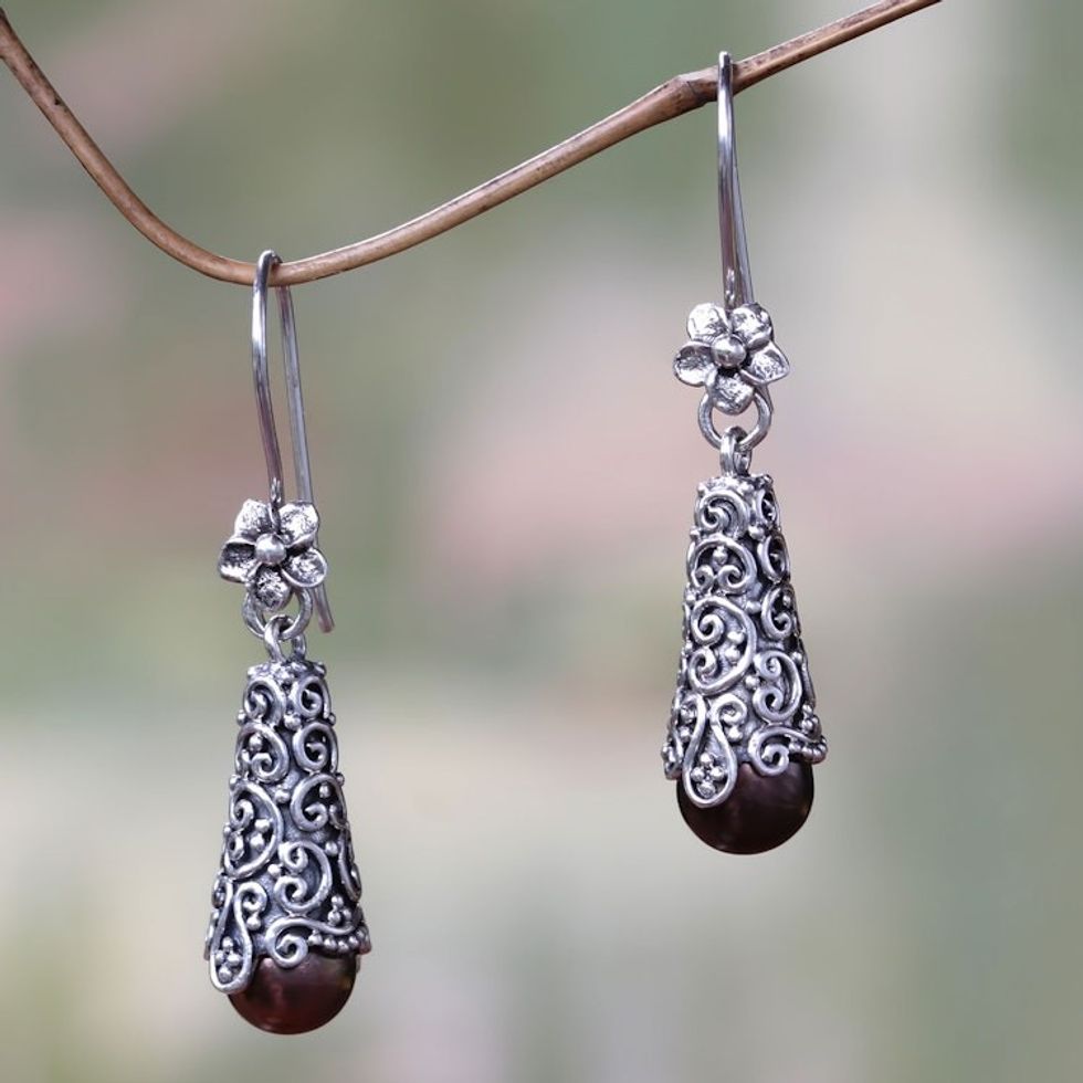 Sterling Silver and Brown Cultured Pearl Dangle Earrings 'Brown Arabesque Dewdrop'