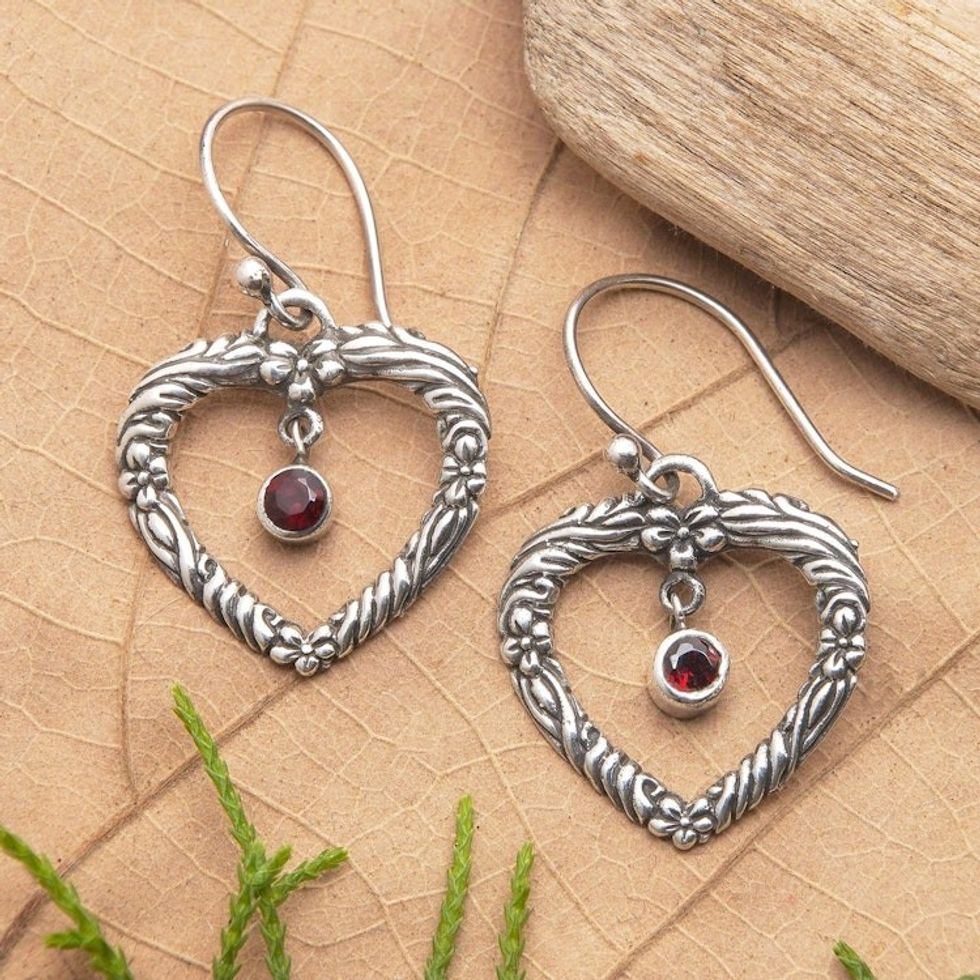 Sterling Silver and Garnet Dangle Earrings from Indonesia 'Steal My Heart'