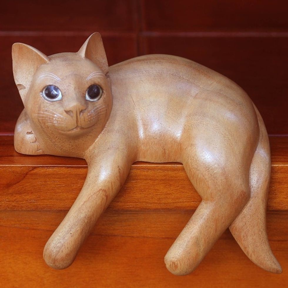 Signed Balinese Ginger Cat Sculpture 'Ginger Cat Relaxes'