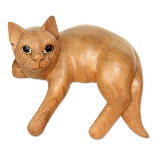 Alternate image for Signed Balinese Ginger Cat Sculpture Ginger Cat Relaxes