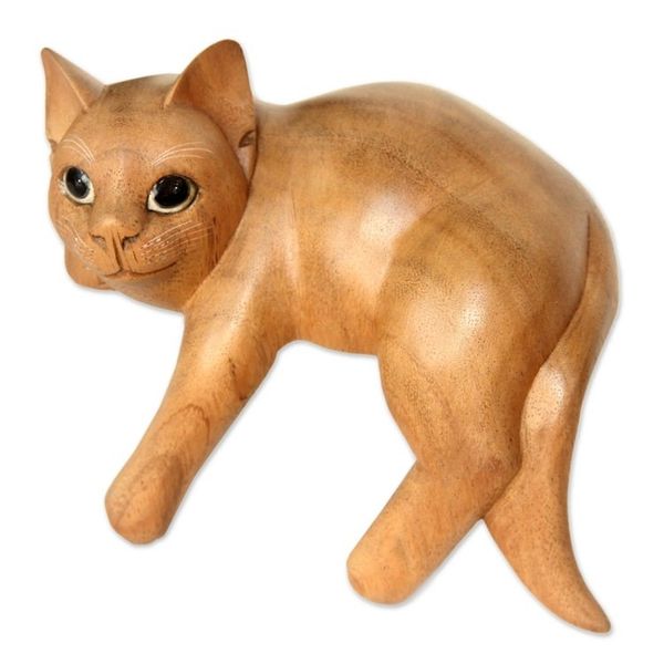 Alternate image for Signed Balinese Ginger Cat Sculpture Ginger Cat Relaxes