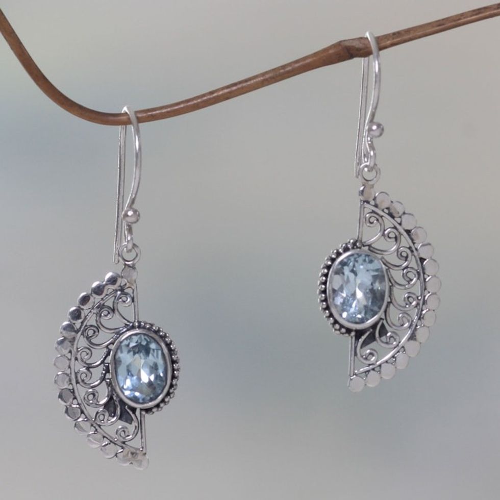Sterling Silver Hook Earrings with Blue Topaz Gems 'Blue Eyes'