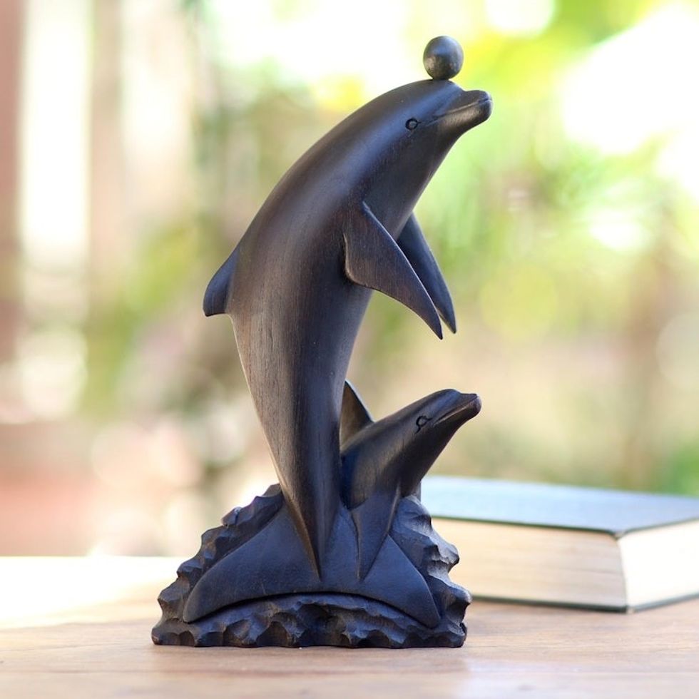 Balinese Hand Carved Wood Statuette of Dolphins in Black 'Dancing Dolphin'