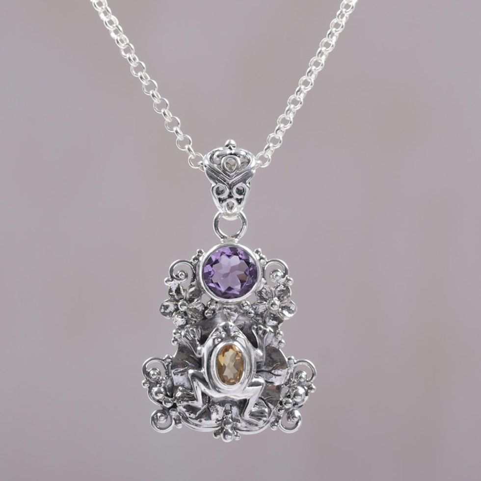 Amethyst and Citrine Frog Pendant Necklace from Bali 'Rainforest Frog'