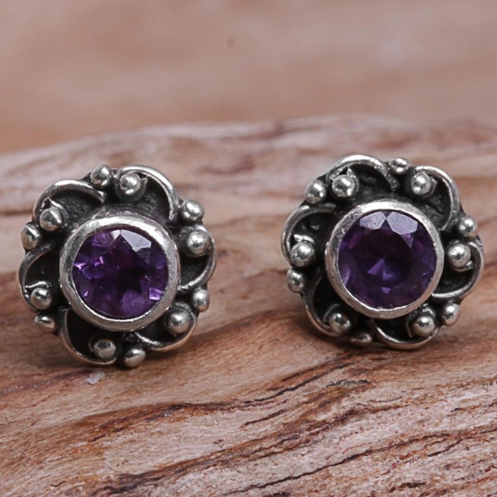 Hand Made Amethyst Sterling Silver Stud Earrings Indonesia 'Little Happiness in Purple'