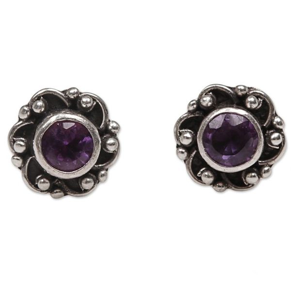 Alternate image for Hand Made Amethyst Sterling Silver Stud Earrings Indonesia Little Happiness in Purple