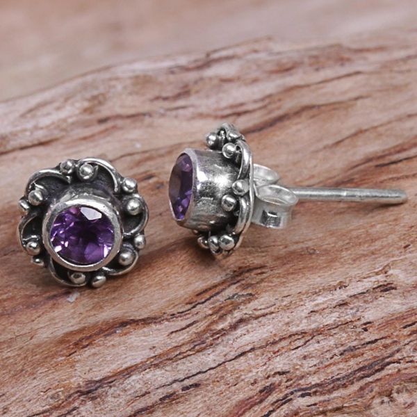 Alternate image for Hand Made Amethyst Sterling Silver Stud Earrings Indonesia Little Happiness in Purple