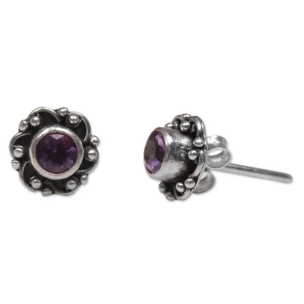 Alternate image for Hand Made Amethyst Sterling Silver Stud Earrings Indonesia Little Happiness in Purple