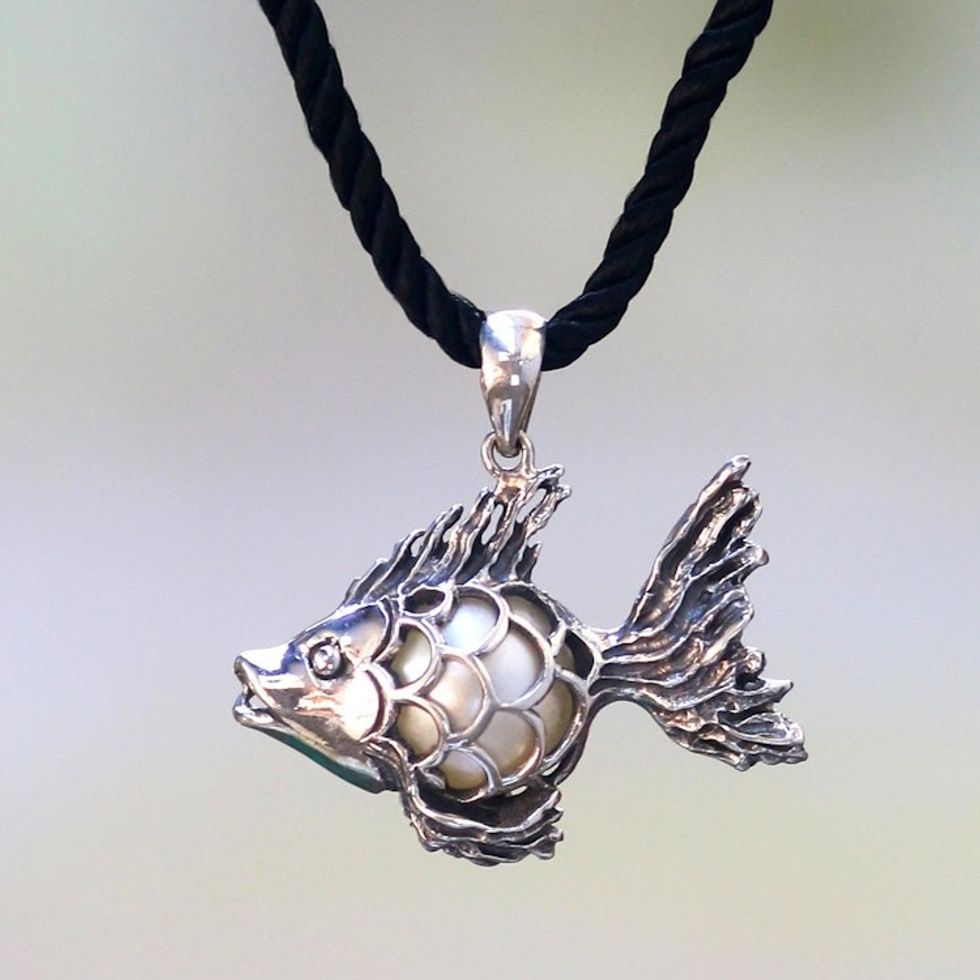 Sterling Silver Goldfish Necklace with a Cultured Mabe Pearl 'Iridescent Goldfish'