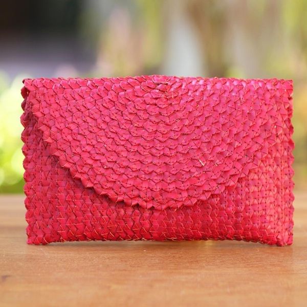 Alternate image for Hand Made Palm Leaf Fiber Clutch Handbag Indonesia Trance in Ruby Red
