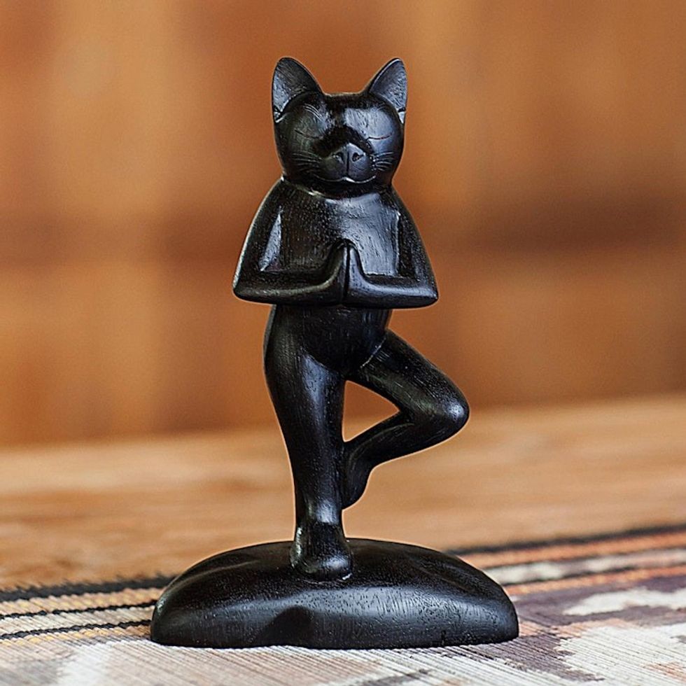 Suar Wood Sculpture 'Black Cat Tree Pose Yoga'