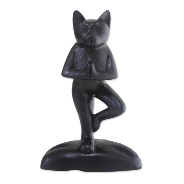 Alternate image for Suar Wood Sculpture Black Cat Tree Pose Yoga