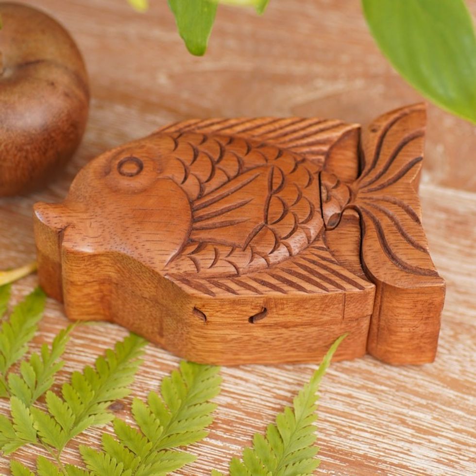 Hand Carved Wood Fish Puzzle Box from Bali 'Pacific Fish'