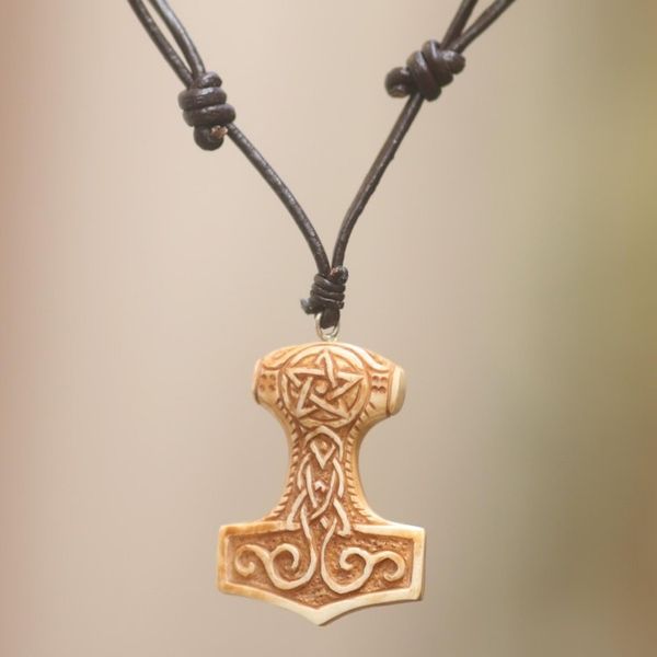 Alternate image for Celtic Design Carved Bone Pendant Necklace on Leather Cord Star Tower