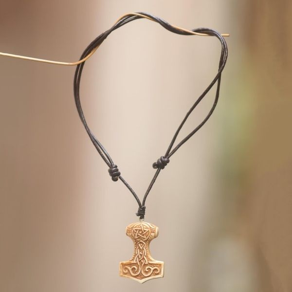 Alternate image for Celtic Design Carved Bone Pendant Necklace on Leather Cord Star Tower