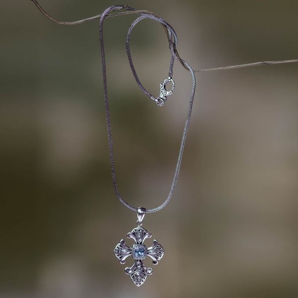 Alternate image for Handmade Balinese Blue Topaz Cross Necklace Beauty