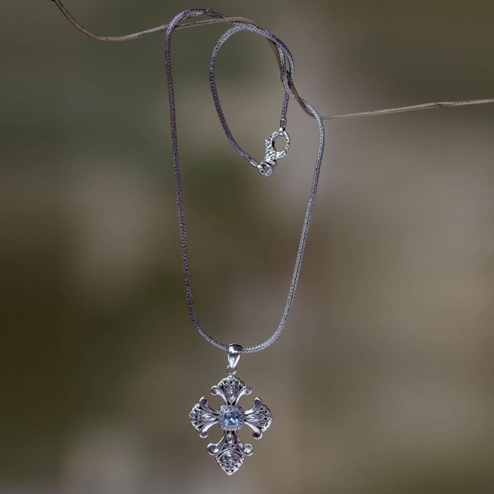 Handmade Balinese Blue Topaz Cross Necklace 'Beauty'