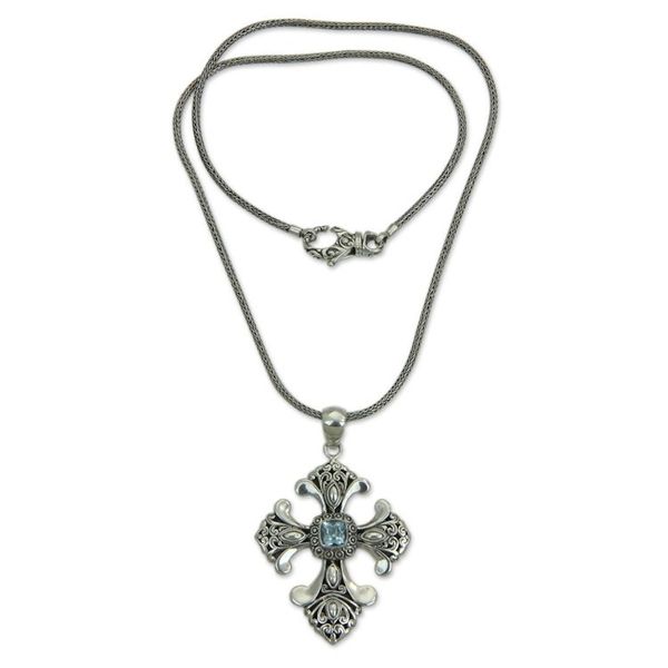 Alternate image for Handmade Balinese Blue Topaz Cross Necklace Beauty