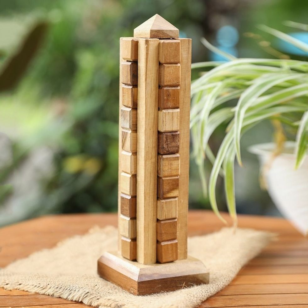 Handmade Javanese Recycled Teak Wood Desktop Puzzle 'Tower'