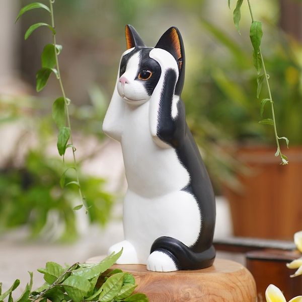 Alternate image for Albesia Wood Sculpture Hear No Evil Spotted Cat