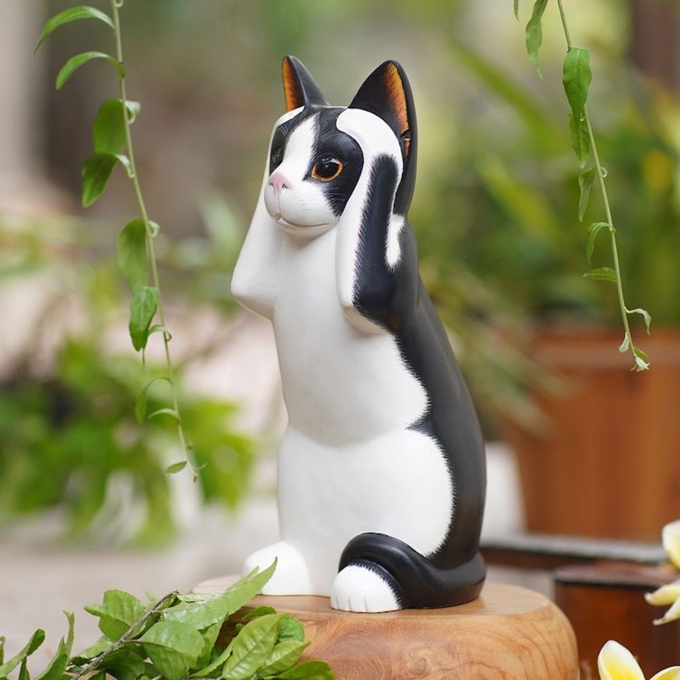Albesia Wood Sculpture 'Hear No Evil Spotted Cat'