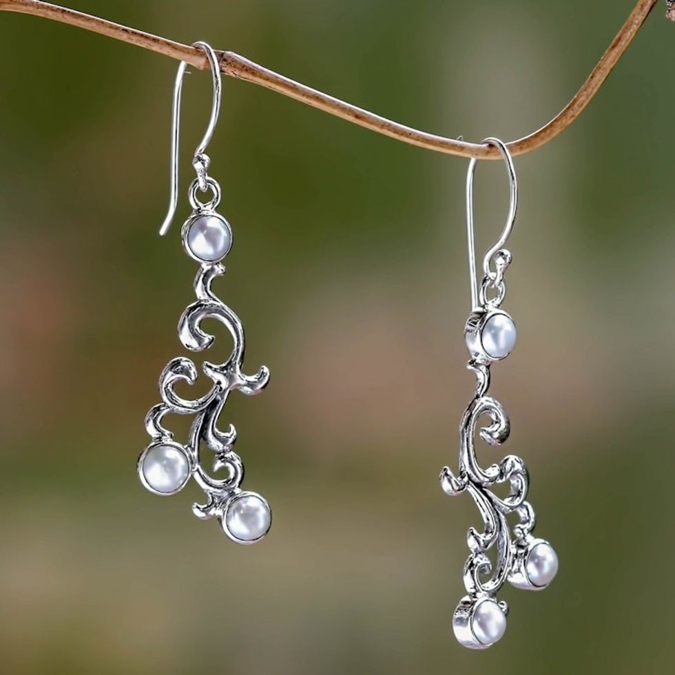Sterling Silver and Cultured Pearl Dangle Earrings 'Singaraja Vines'