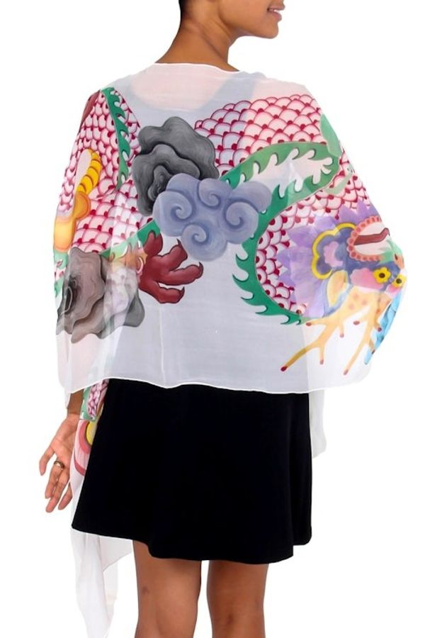 Alternate image for Hand Crafted Indonesian Silk Painted Shawl Balinese Dragon