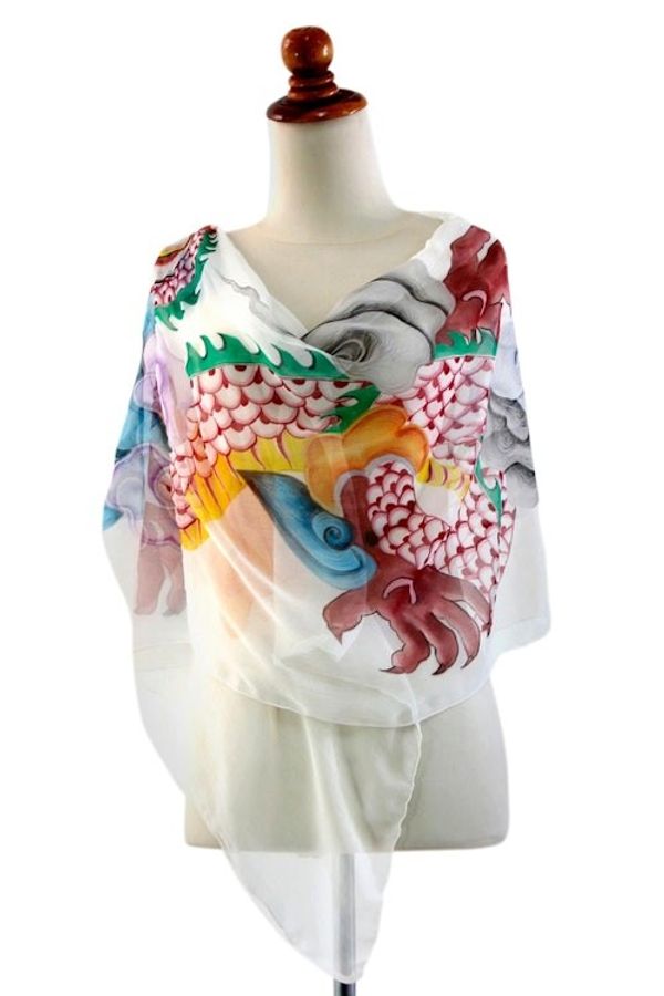 Alternate image for Hand Crafted Indonesian Silk Painted Shawl Balinese Dragon