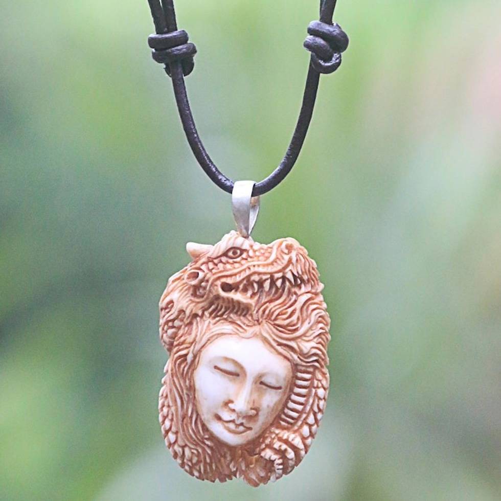 Hand Carved Dragon Theme Necklace in Leather and Bone 'Dragon's Daughter'