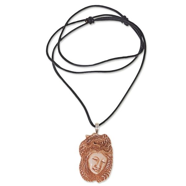 Alternate image for Hand Carved Dragon Theme Necklace in Leather and Bone Dragons Daughter